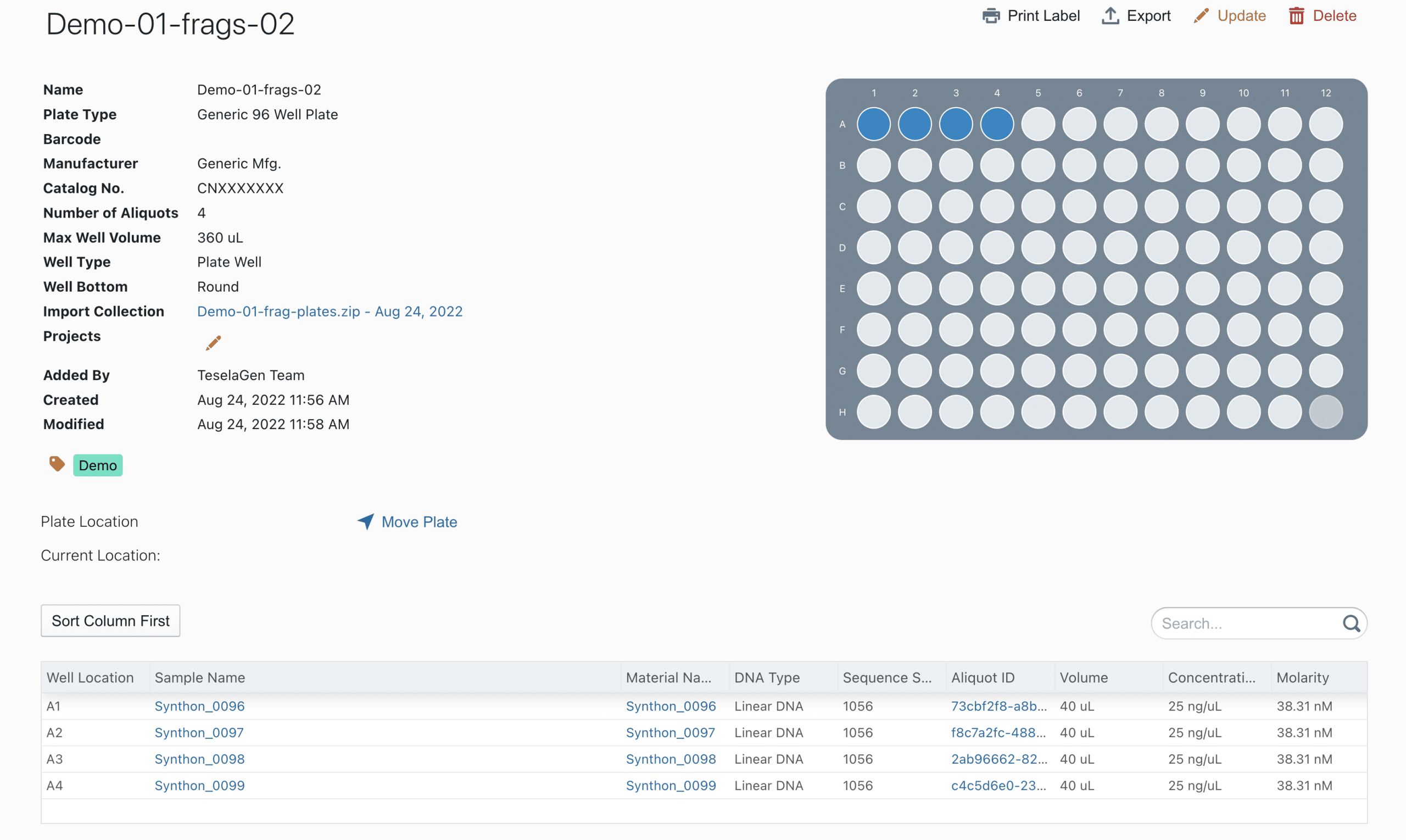 Managing samples in a 96-well plate on the TeselaGen's LIMS system (Build module).