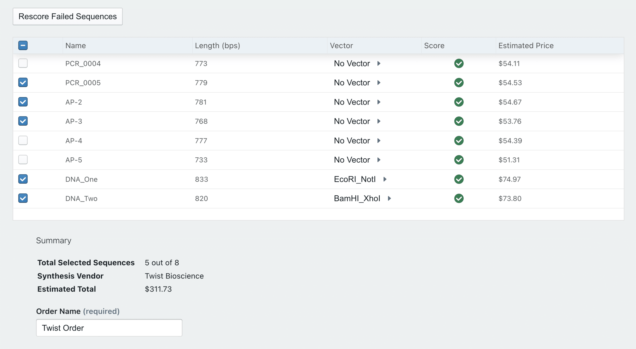 An example of scoring and ordering on TeselaGen's Bioshop